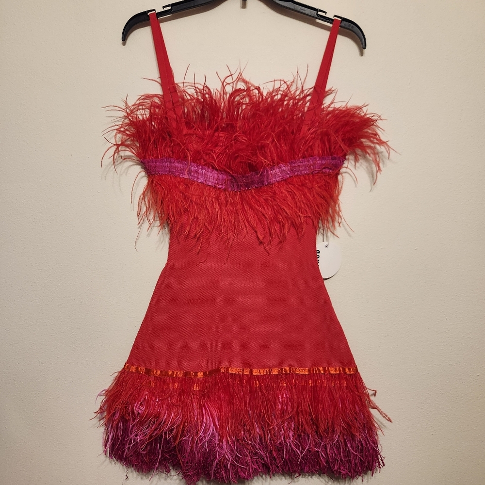 NWT STAUD Etta Dress Red and Purple Feathered Raffia Fringe Mini Dress - Picture 3 of 8